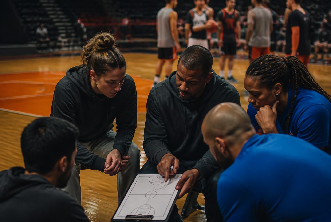 College basketball coaches planning together courtside